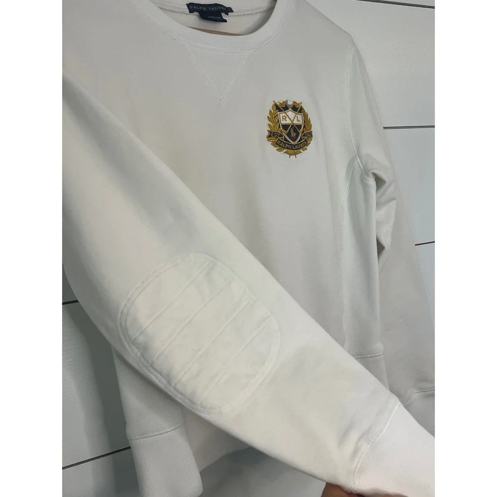 Ralph Lauren Kids White Crest Embroidered Sweatshirt Elbow Patches Large preppy